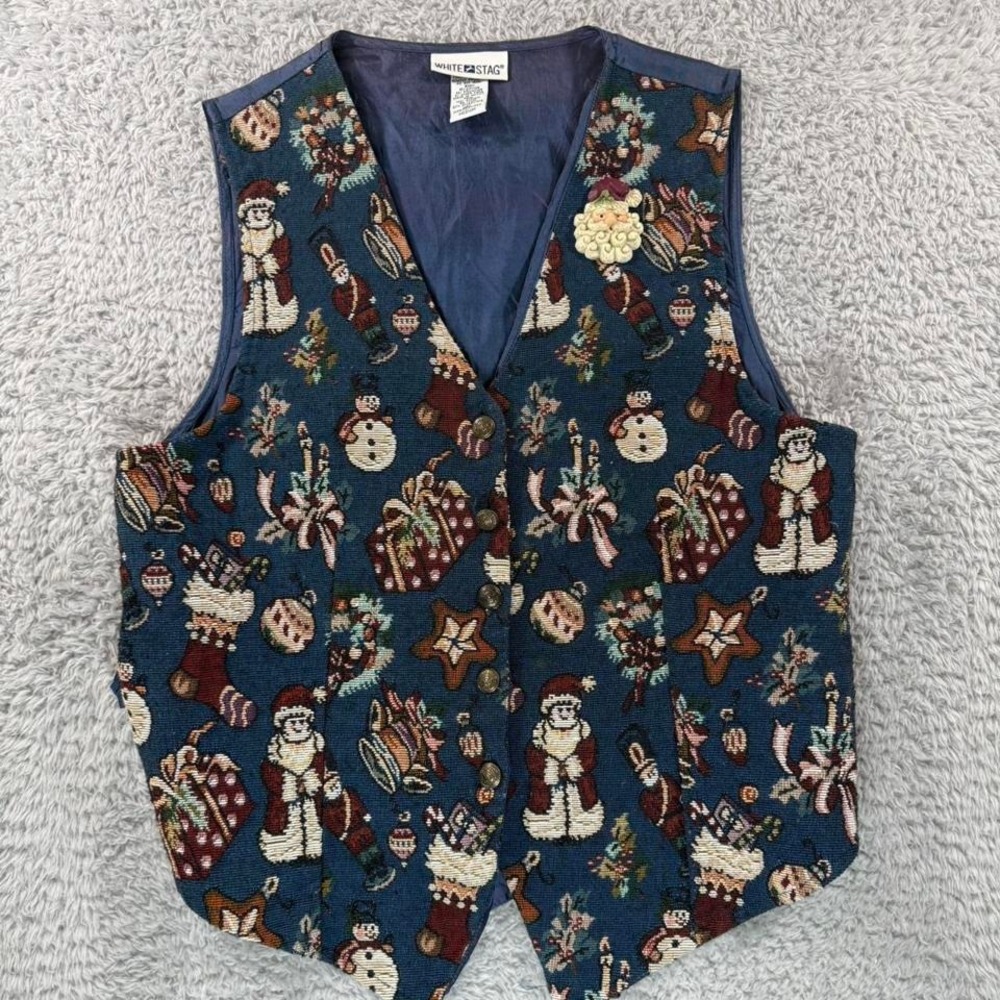 White Stag blue Christmas vest with Santa and snowman design‎
